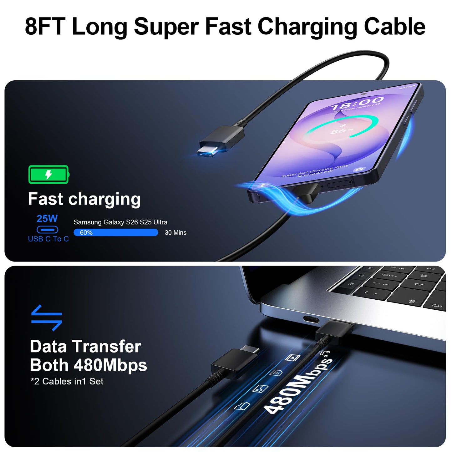 Super Fast Charger Type C, 25W USB C Wall Charger Fast Charging for Samsung Galaxy S26 Ultra/S26/S26+/S25 Ultra/S25/24 Ultra/S24/S23 Ultra/S22 Ultra with 10FT Long Android Type C Charger Cable 2Pack