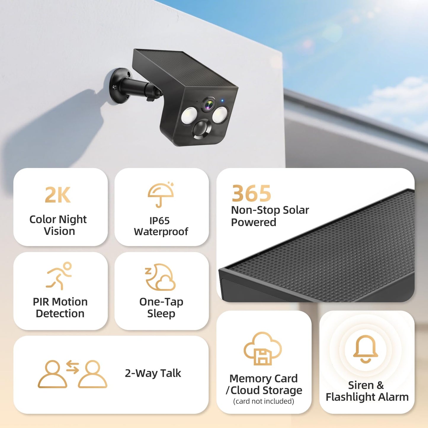 Solar Security Cameras Wireless Outdoor 2K Battery Powered AI Motion Detection 2-Way Talk Color Night Vision WiFi Waterproof SD/Cloud Storage Non-Stop Solar Panel Camera Outdoor Wireless