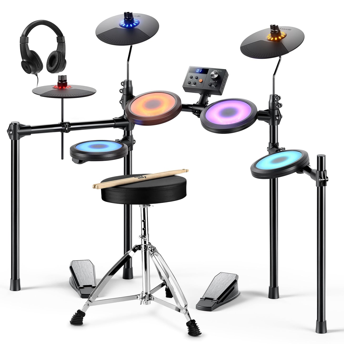 Donner Electric Drum Set, DED-70 Electronic Drum Kit for Beginner with 150 Sounds, 4 Quiet Mesh Pads, 9" Cymbals, USB MIDI, Type-C Charging, 2 Pedal, Throne, Headphones, Sticks, Melodics Lessons