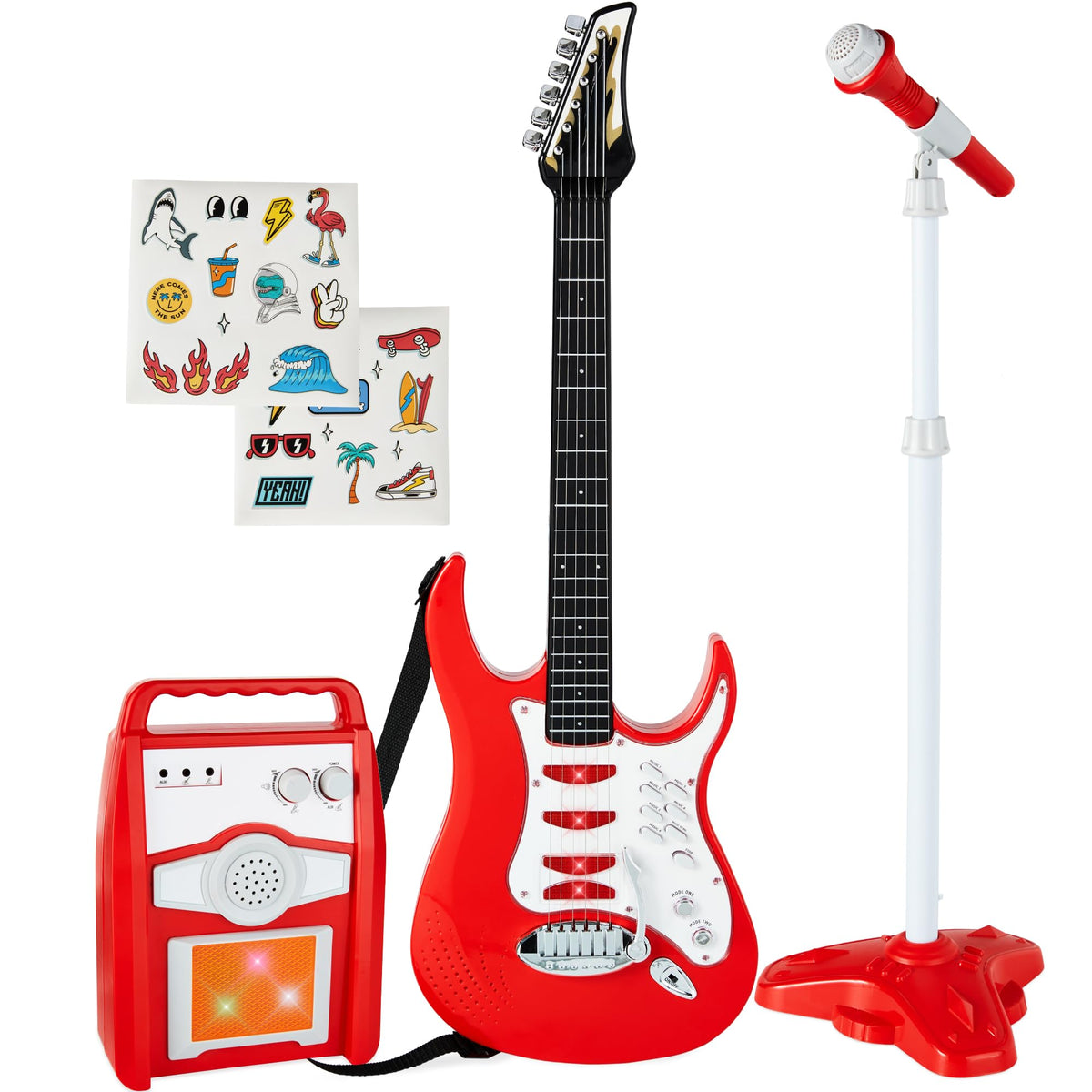Best Choice Products Kids Electric Guitar Set with Microphone & Amp, Interactive Musical Toy for Boys & Girls, Lights & Sounds, Demo Songs, AUX Input, DIY Stickers - Blue