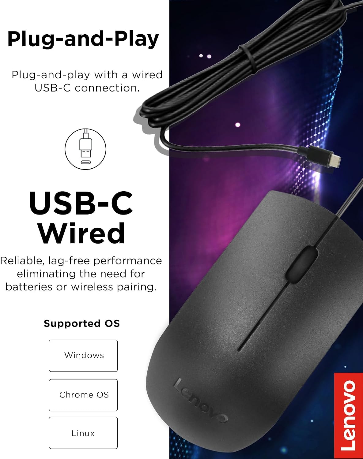 Lenovo 100 Wired USB Computer Mouse for PC, Laptop, Computer with Windows - Full-Size - Ambidextrous Design - 3 Buttons - Red Optical Sensor – Black