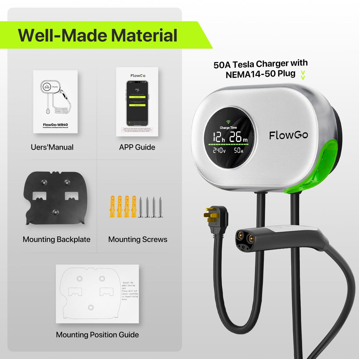 Level 2 Charger for Tesla 50A Smart Home Charger NACS 240V Tesla Charger 50 Apms Large Motion-Activate Display Screen One-Piece Housing Metal Case 25 FT Cable NEMA 14-50 Plug