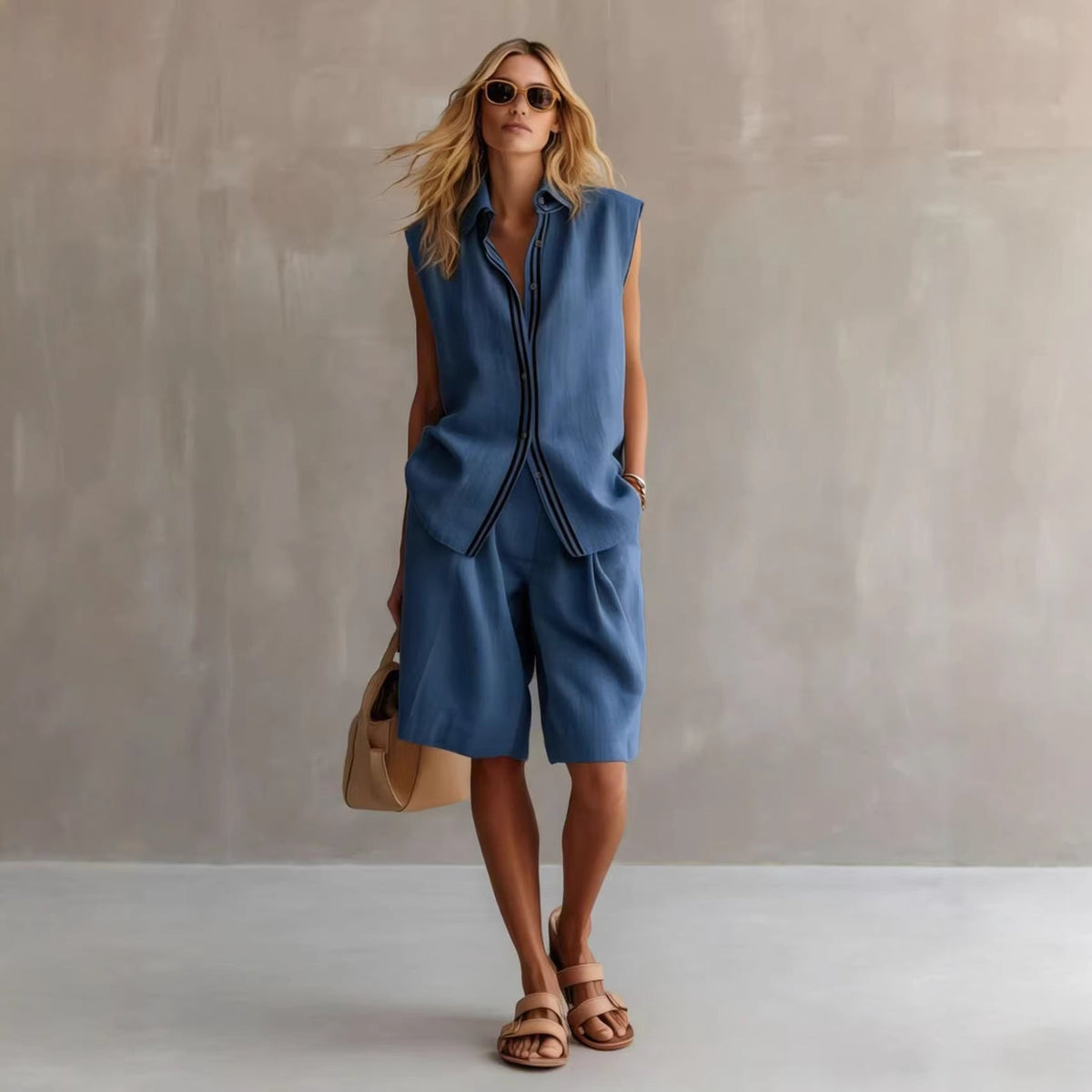 Women's Linen Shirt and Shorts Set – Sleeveless Summer Two-Piece