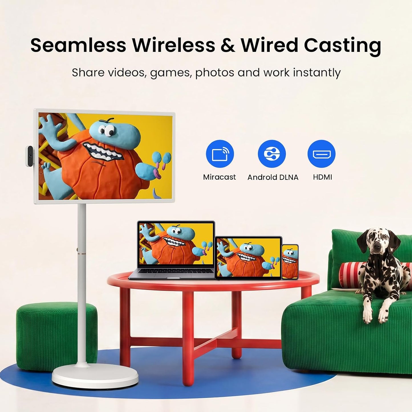 ApoloSign 32 Inch 4K UHD Smart Portable TV on Wheels, Android 16 EDLA Certified, 256GB Storage, Built-in 15000mAh Battery, Voice Remote, Touch Screen TV with Rolling Stand for Home, Office - Gen2