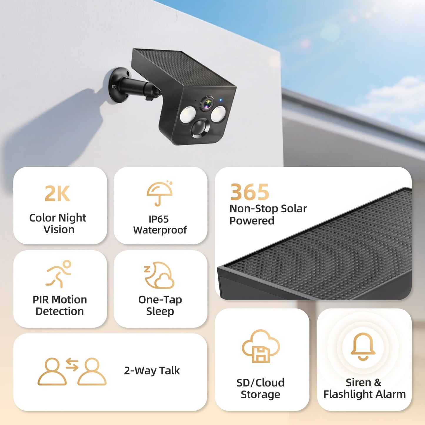 Solar Security Cameras Wireless Outdoor 2K Battery Powered AI Motion Detection 2-Way Talk Color Night Vision WiFi Waterproof SD/Cloud Storage Non-Stop Solar Panel Camera Outdoor Wireless