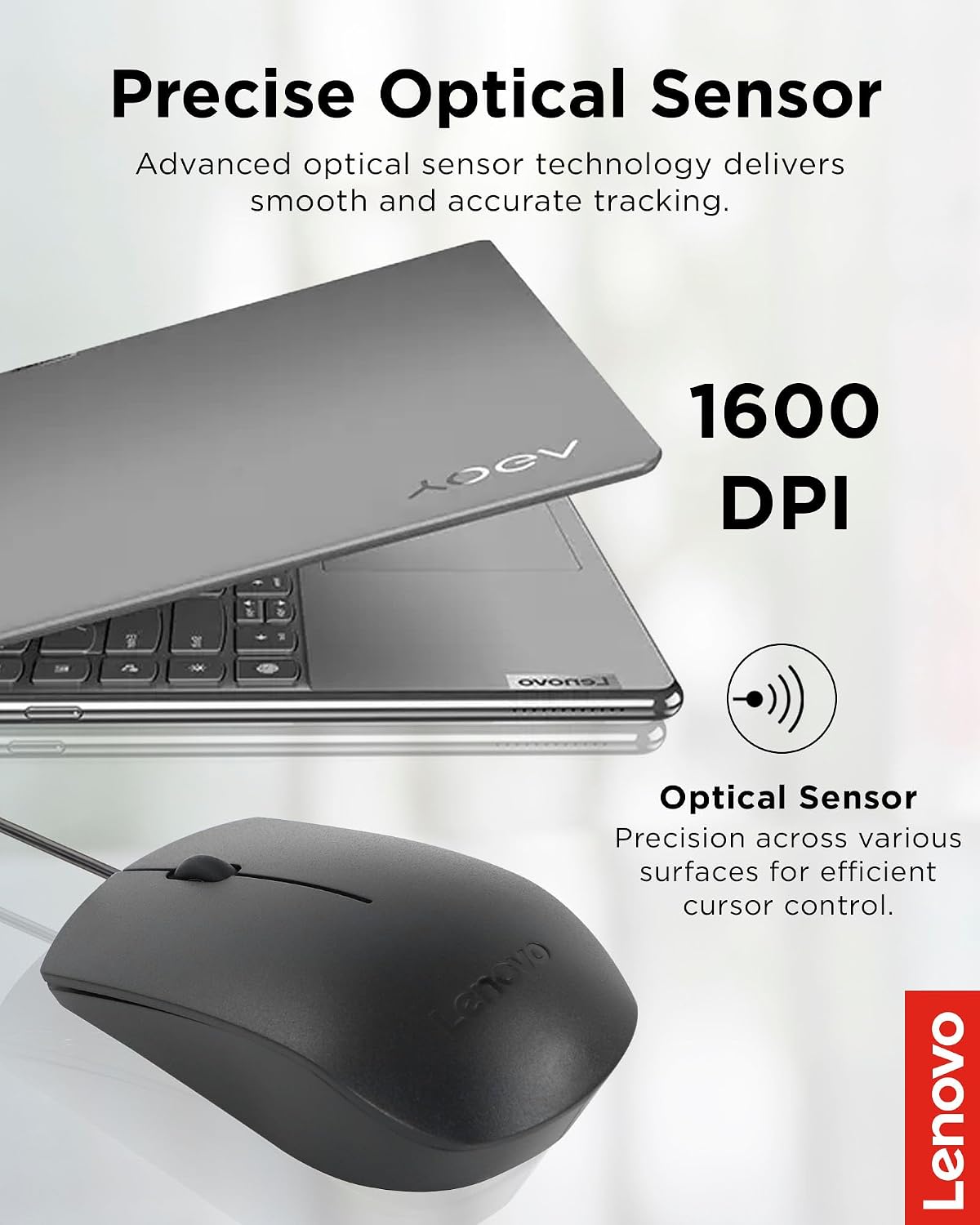 Lenovo 100 Wired USB Computer Mouse for PC, Laptop, Computer with Windows - Full-Size - Ambidextrous Design - 3 Buttons - Red Optical Sensor – Black