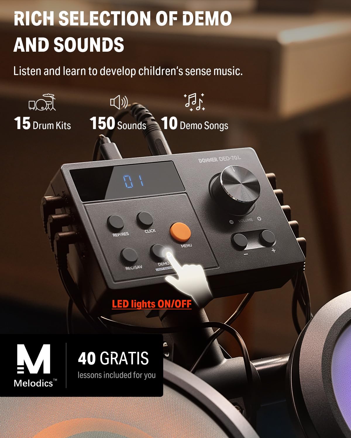 Donner Electric Drum Set, DED-70 Electronic Drum Kit for Beginner with 150 Sounds, 4 Quiet Mesh Pads, 9" Cymbals, USB MIDI, Type-C Charging, 2 Pedal, Throne, Headphones, Sticks, Melodics Lessons