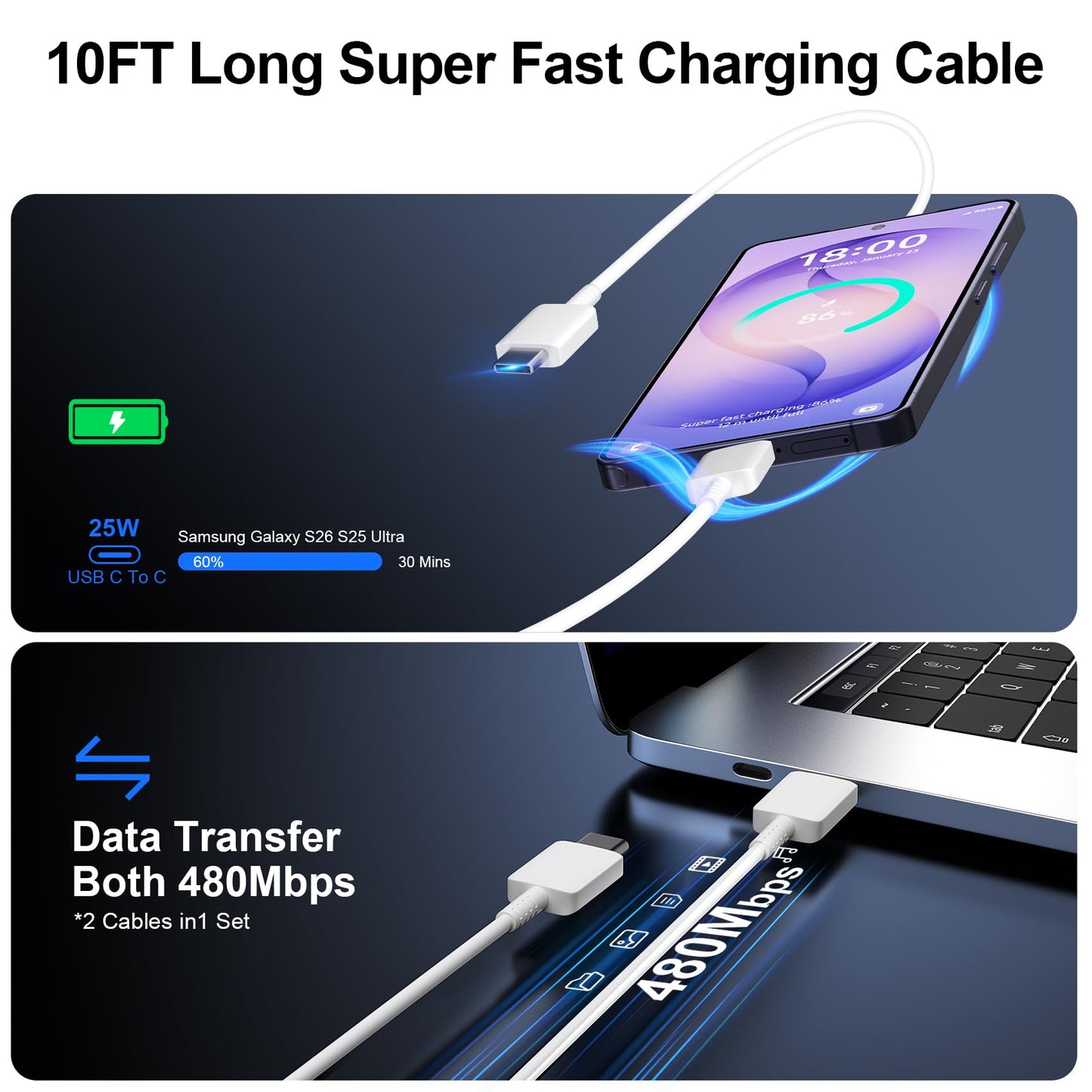Super Fast Charger Type C, 25W USB C Wall Charger Fast Charging for Samsung Galaxy S26 Ultra/S26/S26+/S25 Ultra/S25/24 Ultra/S24/S23 Ultra/S22 Ultra with 10FT Long Android Type C Charger Cable 2Pack