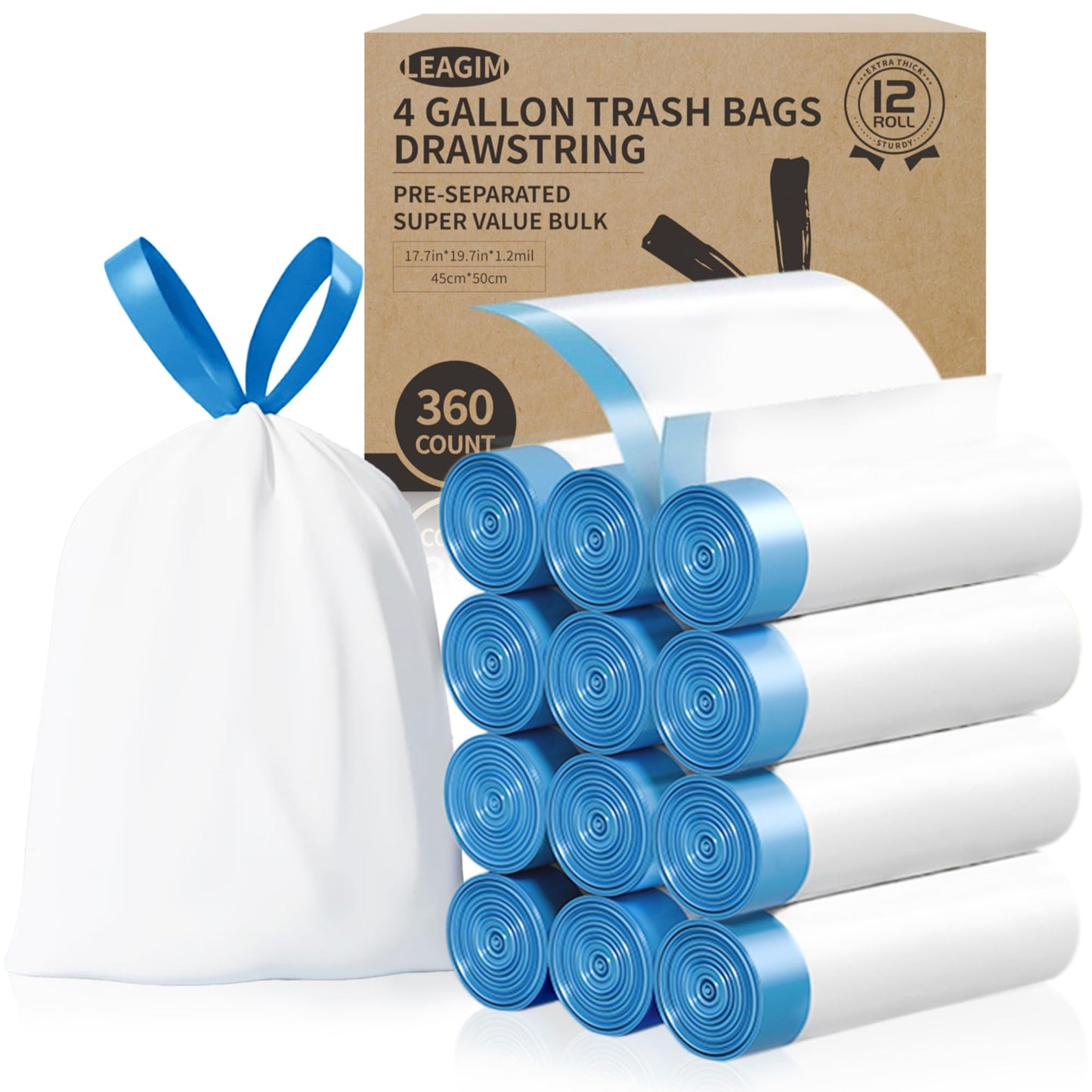 Small Trash Bags 3 Gallon, 360 Count -1.2 Mil Drawstring Mini Garbage Bags, White Plastic Trash Can Liners for Bathroom Accessories, 12 Liter, Bedroom, Dorm Room Essentials, Office