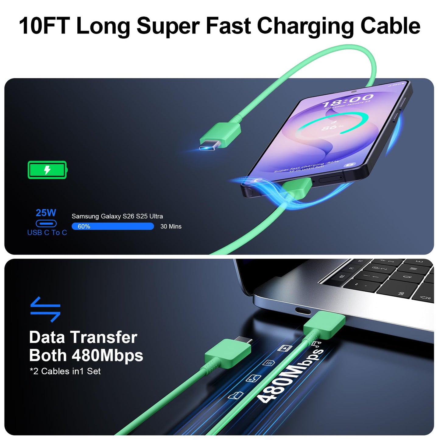 Super Fast Charger Type C, 25W USB C Wall Charger Fast Charging for Samsung Galaxy S26 Ultra/S26/S26+/S25 Ultra/S25/24 Ultra/S24/S23 Ultra/S22 Ultra with 10FT Long Android Type C Charger Cable 2Pack