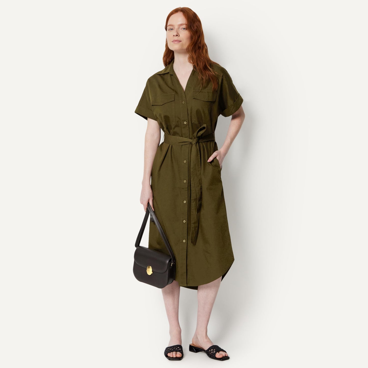 Amazon Essentials Women's Relaxed-Fit Short Sleeve Button-Down Dress with Belt