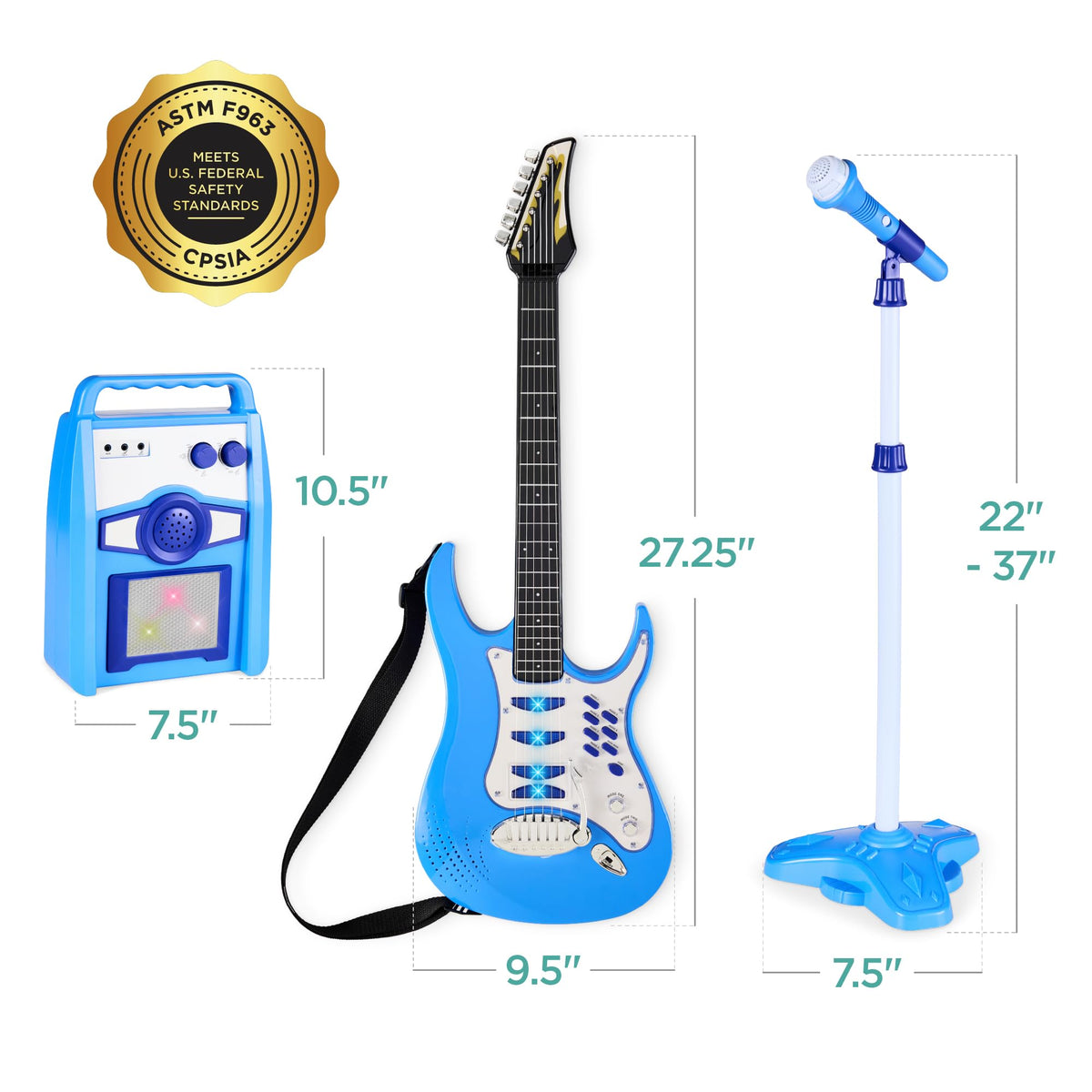 Best Choice Products Kids Electric Guitar Set with Microphone & Amp, Interactive Musical Toy for Boys & Girls, Lights & Sounds, Demo Songs, AUX Input, DIY Stickers - Blue