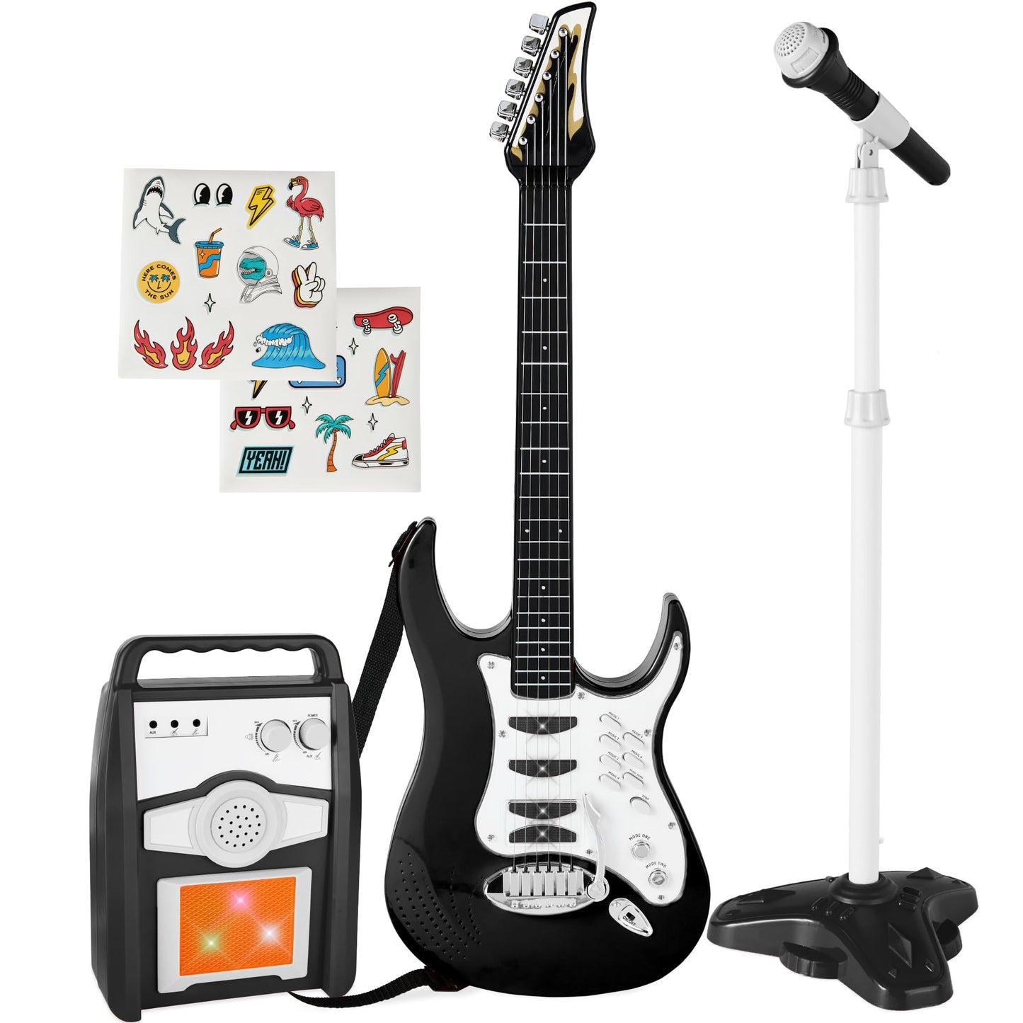 Best Choice Products Kids Electric Guitar Set with Microphone & Amp, Interactive Musical Toy for Boys & Girls, Lights & Sounds, Demo Songs, AUX Input, DIY Stickers - Blue