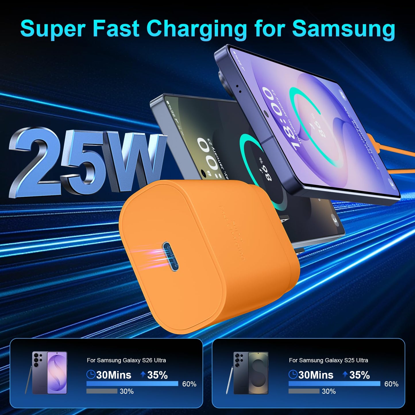 Super Fast Charger Type C, 25W USB C Wall Charger Fast Charging for Samsung Galaxy S26 Ultra/S26/S26+/S25 Ultra/S25/24 Ultra/S24/S23 Ultra/S22 Ultra with 10FT Long Android Type C Charger Cable 2Pack