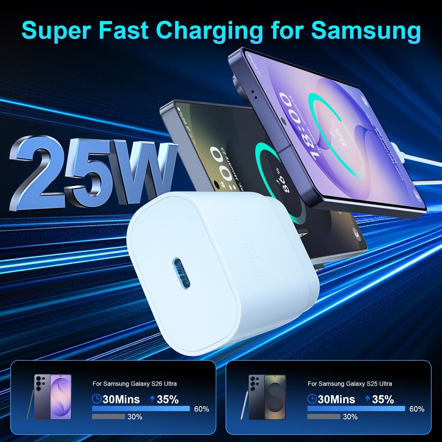 Super Fast Charger Type C, 25W USB C Wall Charger Fast Charging for Samsung Galaxy S26 Ultra/S26/S26+/S25 Ultra/S25/24 Ultra/S24/S23 Ultra/S22 Ultra with 10FT Long Android Type C Charger Cable 2Pack