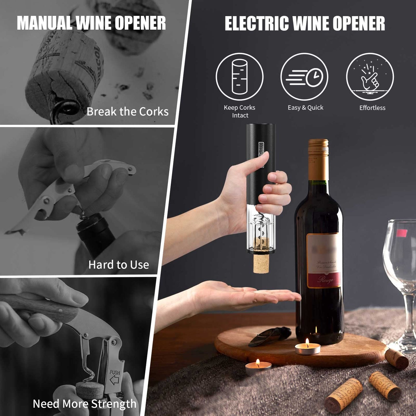 Electric Wine Opener Set TEBIKIN Automatic Wine Bottle Openers Cordless Battery Powered Corkscrew with Vacuum Wine Stoppers Wine Aerator Pourer Foil Cutter for Home Gift Party Valentine's Day