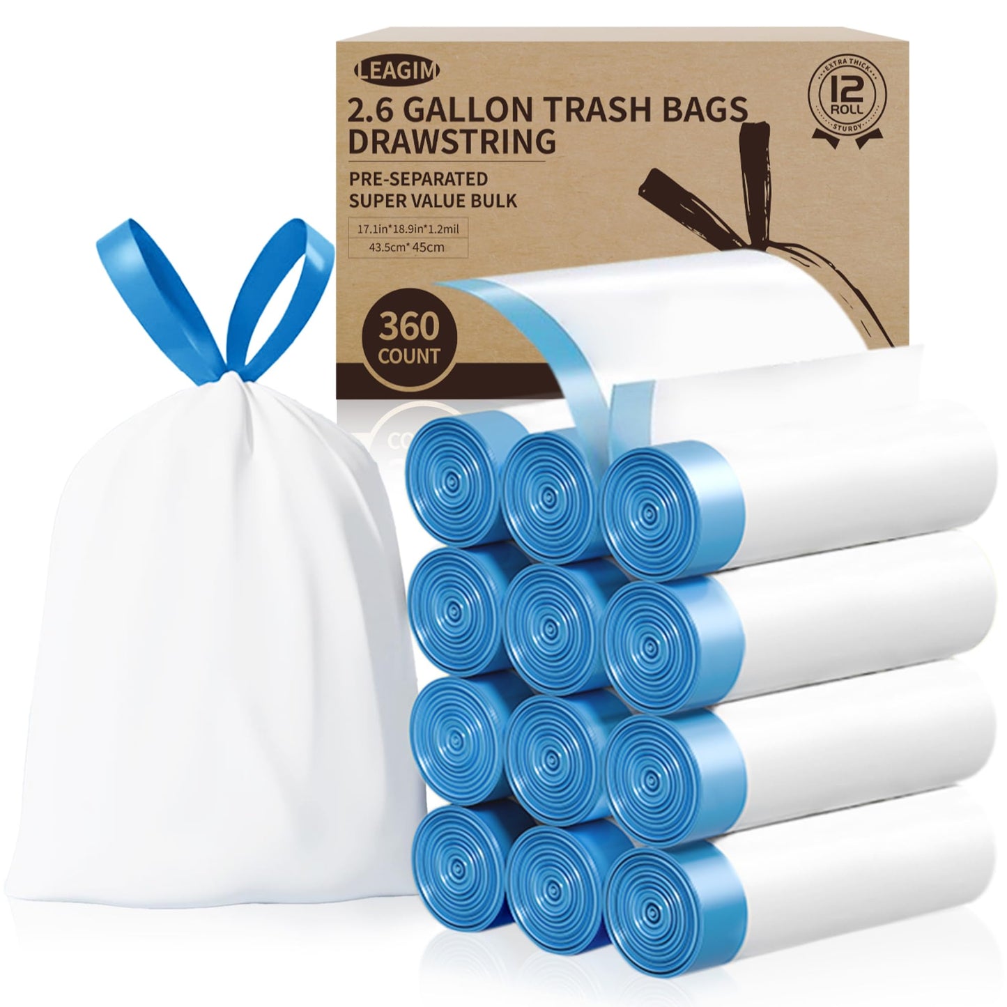 Small Trash Bags 3 Gallon, 360 Count -1.2 Mil Drawstring Mini Garbage Bags, White Plastic Trash Can Liners for Bathroom Accessories, 12 Liter, Bedroom, Dorm Room Essentials, Office