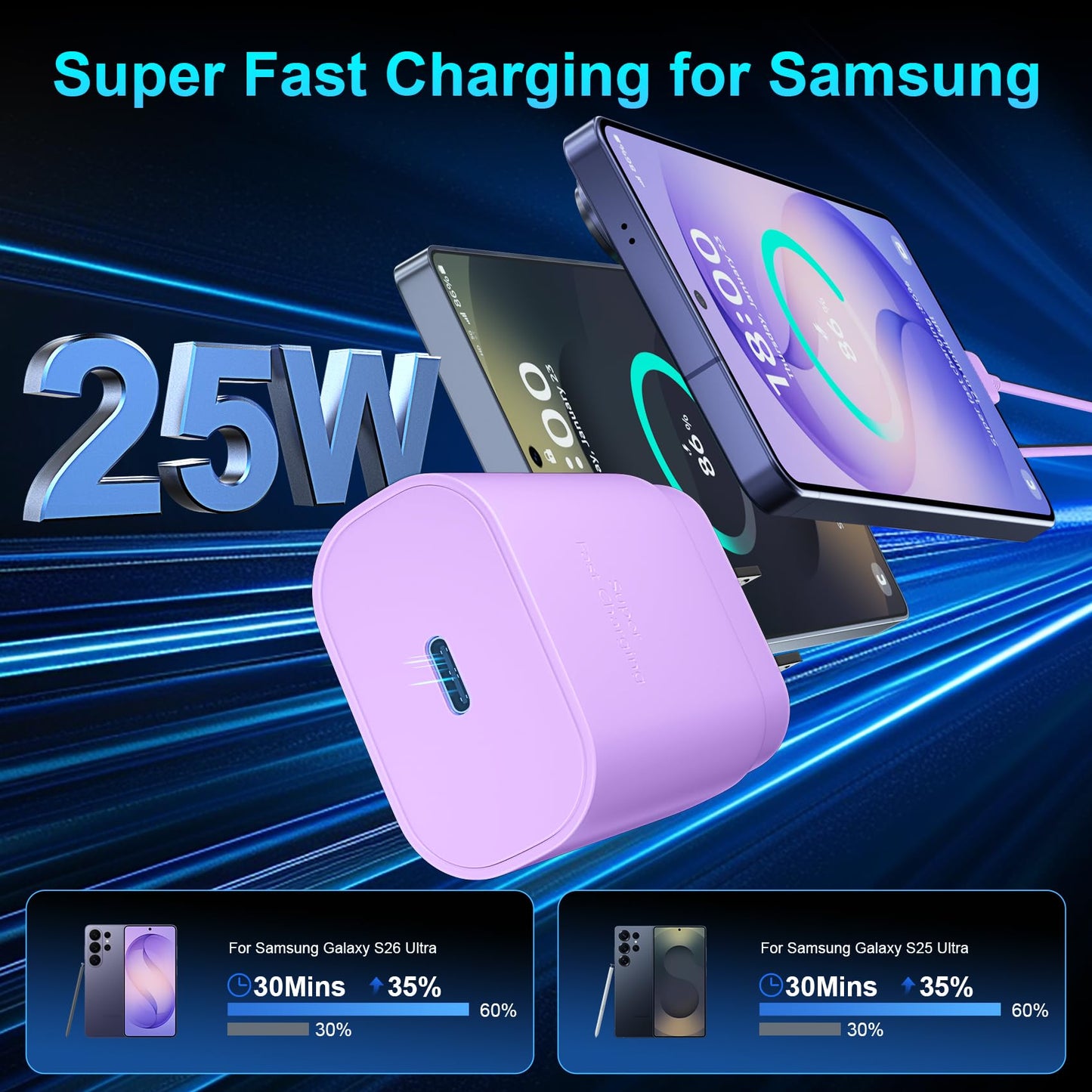 Super Fast Charger Type C, 25W USB C Wall Charger Fast Charging for Samsung Galaxy S26 Ultra/S26/S26+/S25 Ultra/S25/24 Ultra/S24/S23 Ultra/S22 Ultra with 10FT Long Android Type C Charger Cable 2Pack