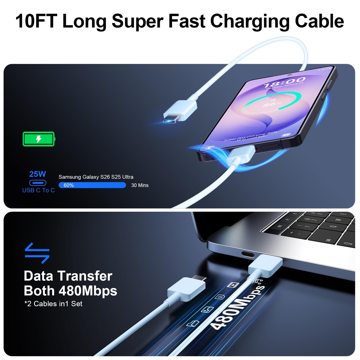 Super Fast Charger Type C, 25W USB C Wall Charger Fast Charging for Samsung Galaxy S26 Ultra/S26/S26+/S25 Ultra/S25/24 Ultra/S24/S23 Ultra/S22 Ultra with 10FT Long Android Type C Charger Cable 2Pack