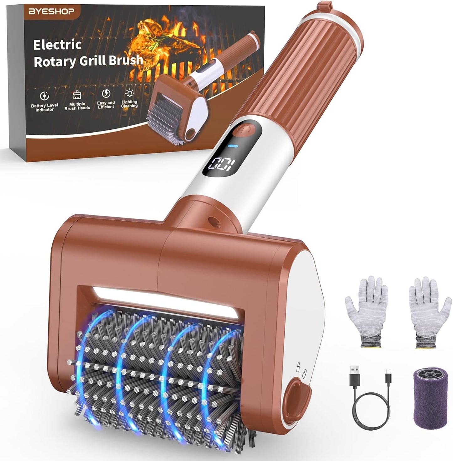 𝑵𝒆𝒘𝒆𝒔𝒕-𝑮𝒆𝒏 Electric Grill Brush, BBQ Grill Cleaner with Digital Display, Variable Speed Cordless Rotary Grill Brush, Replaceable Heads Grill Cleaning Brush for Barbecue Grates