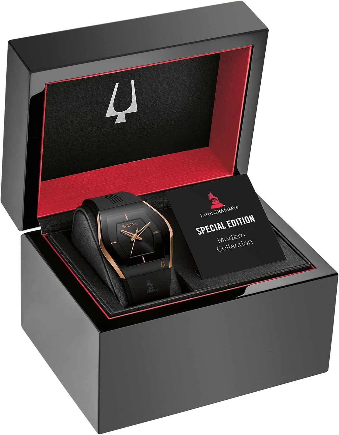 Bulova Latin Grammy Gemini Quartz Rose Gold Stainless Steel Accent with Curved Mineral Crystal and Black Silicone Strap Watch, Ladies