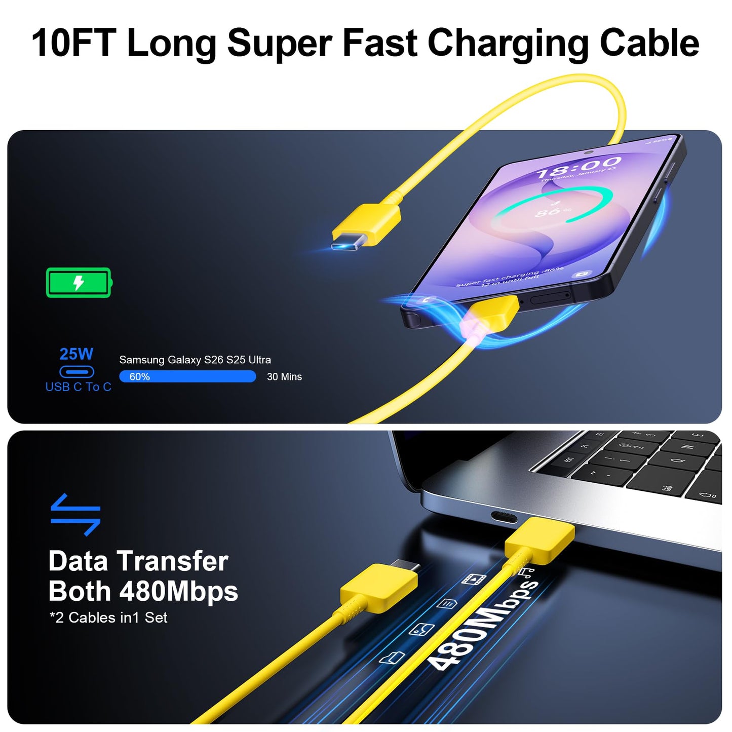 Super Fast Charger Type C, 25W USB C Wall Charger Fast Charging for Samsung Galaxy S26 Ultra/S26/S26+/S25 Ultra/S25/24 Ultra/S24/S23 Ultra/S22 Ultra with 10FT Long Android Type C Charger Cable 2Pack