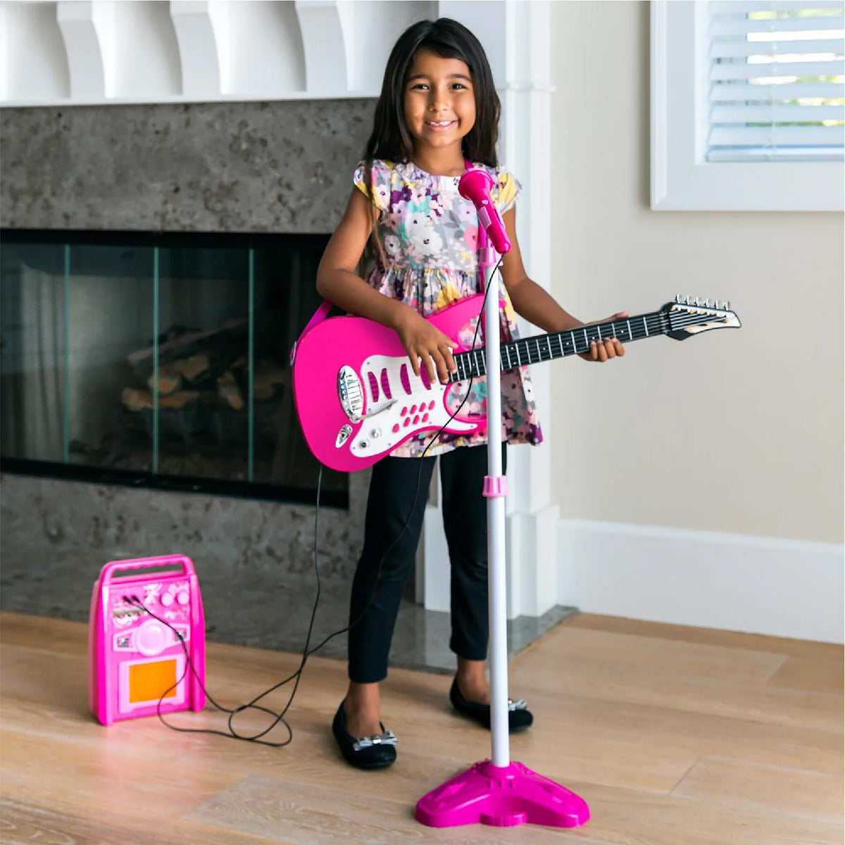 Best Choice Products Kids Electric Guitar Set with Microphone & Amp, Interactive Musical Toy for Boys & Girls, Lights & Sounds, Demo Songs, AUX Input, DIY Stickers - Blue