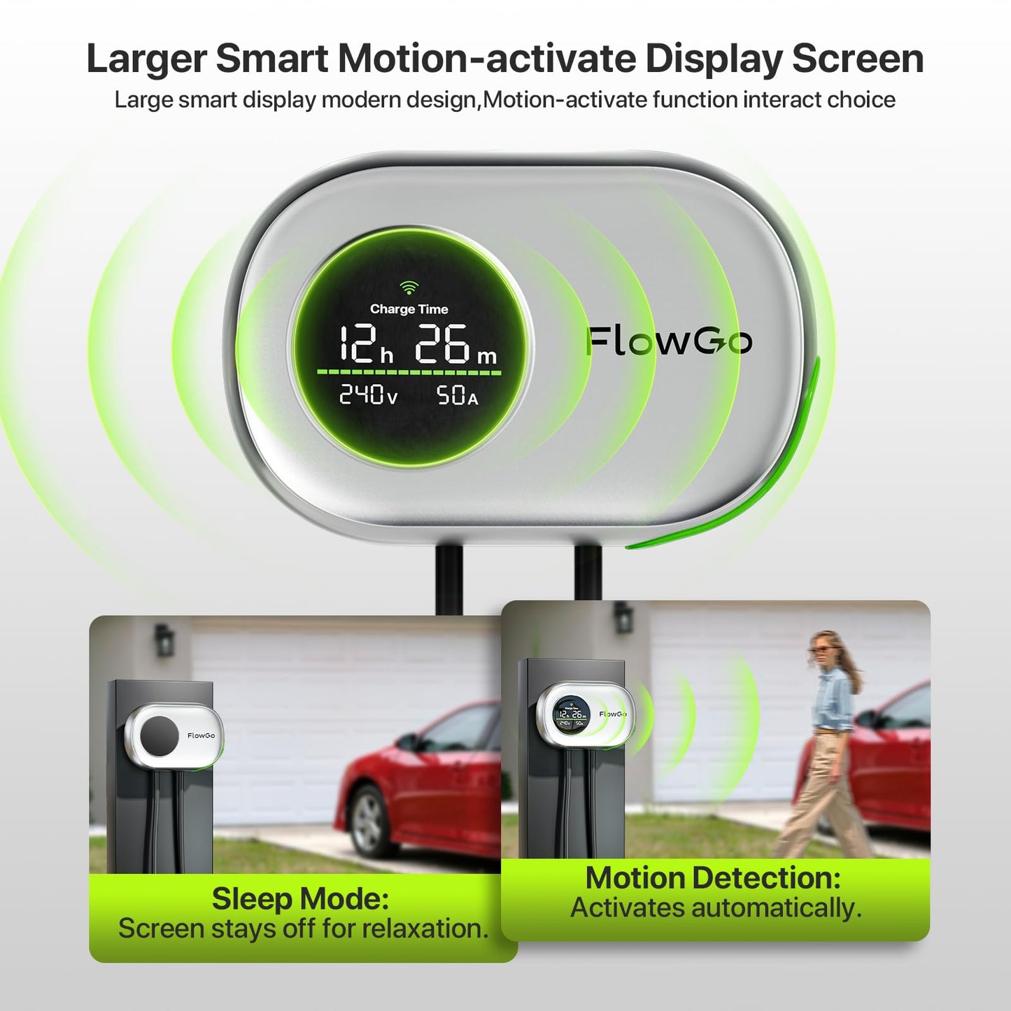 Level 2 Charger for Tesla 50A Smart Home Charger NACS 240V Tesla Charger 50 Apms Large Motion-Activate Display Screen One-Piece Housing Metal Case 25 FT Cable NEMA 14-50 Plug