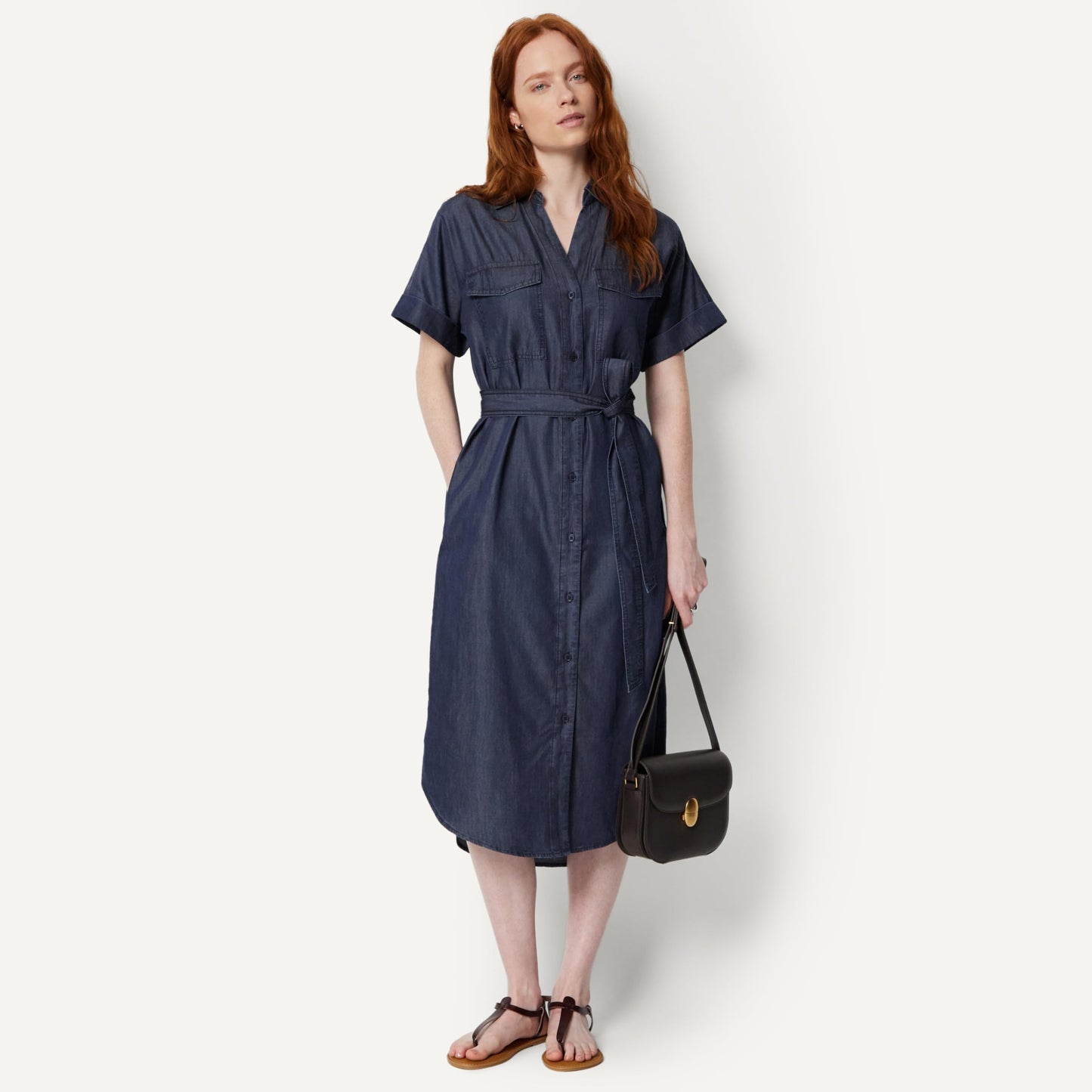 Amazon Essentials Women's Relaxed-Fit Short Sleeve Button-Down Dress with Belt