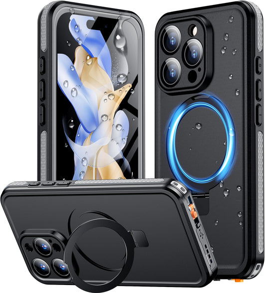 Temdan Magnetic for iPhone 16 Pro Max Case Waterproof,Built-in Screen Protector[IP68 Underwater][Upgrade Military Dropproof][Compatible with MagSafe] Full-Body Shockproof Translucent Case 6.9''-Black