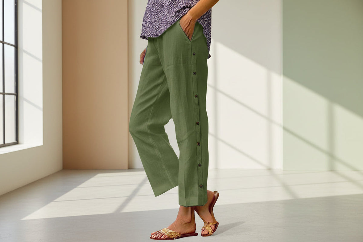 Cropped Pants With Decorative Buttons Along the Side Seams