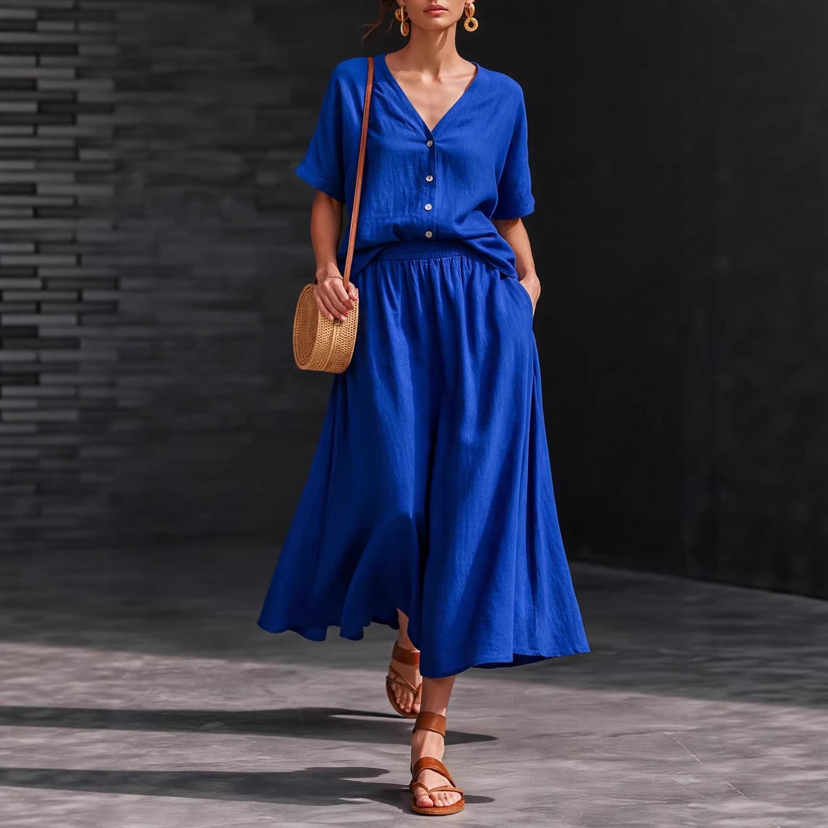 Women's V-Neck Button-Up Top & Long Skirt Set