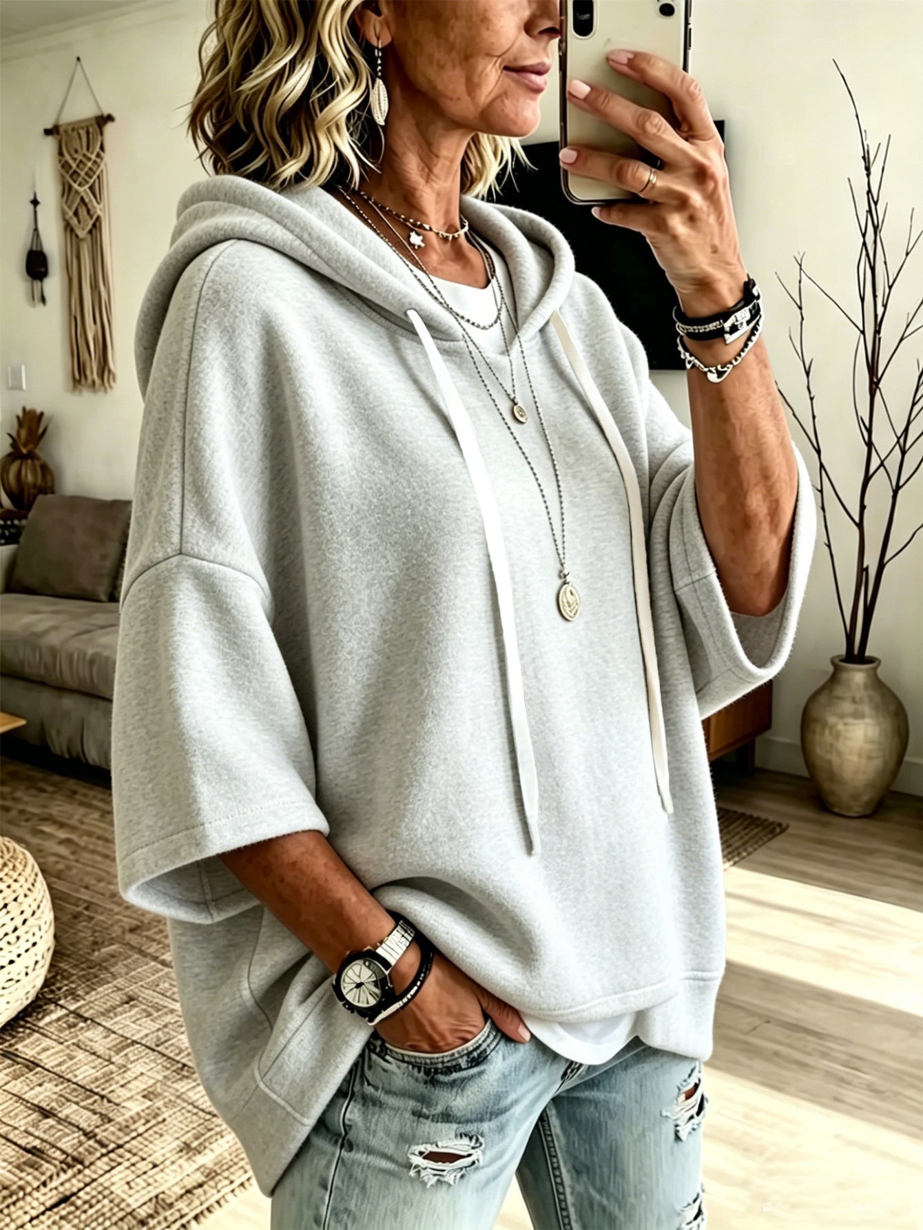 Women's Oversized Batwing Sleeve Hoodie – Loose Fleece Pullover