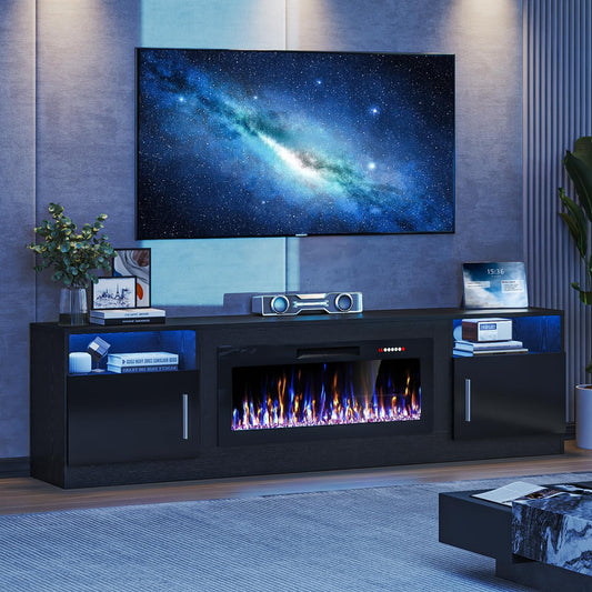 VITESSE Fireplace with TV Stand 36" inch Electric Fireplace Up to 80" TVs, LED Light Entertainment Center, 70" Modern Wood High Gloss with Highlight Storage Cabinet for Living Room (Black)