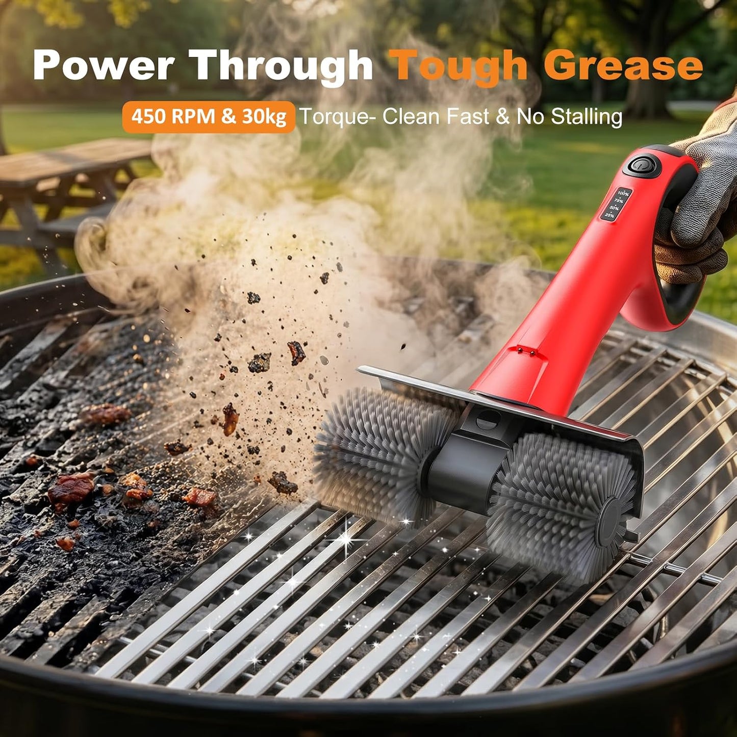 Electric Grill Brush for Outdoor Grill, Cordless BBQ Grill Cleaner with Dual Rotating Heads, 450 RPM Motorized Grill Cleaning Brush with Forward & Reverse, 6-Piece Replaceable Brush Set