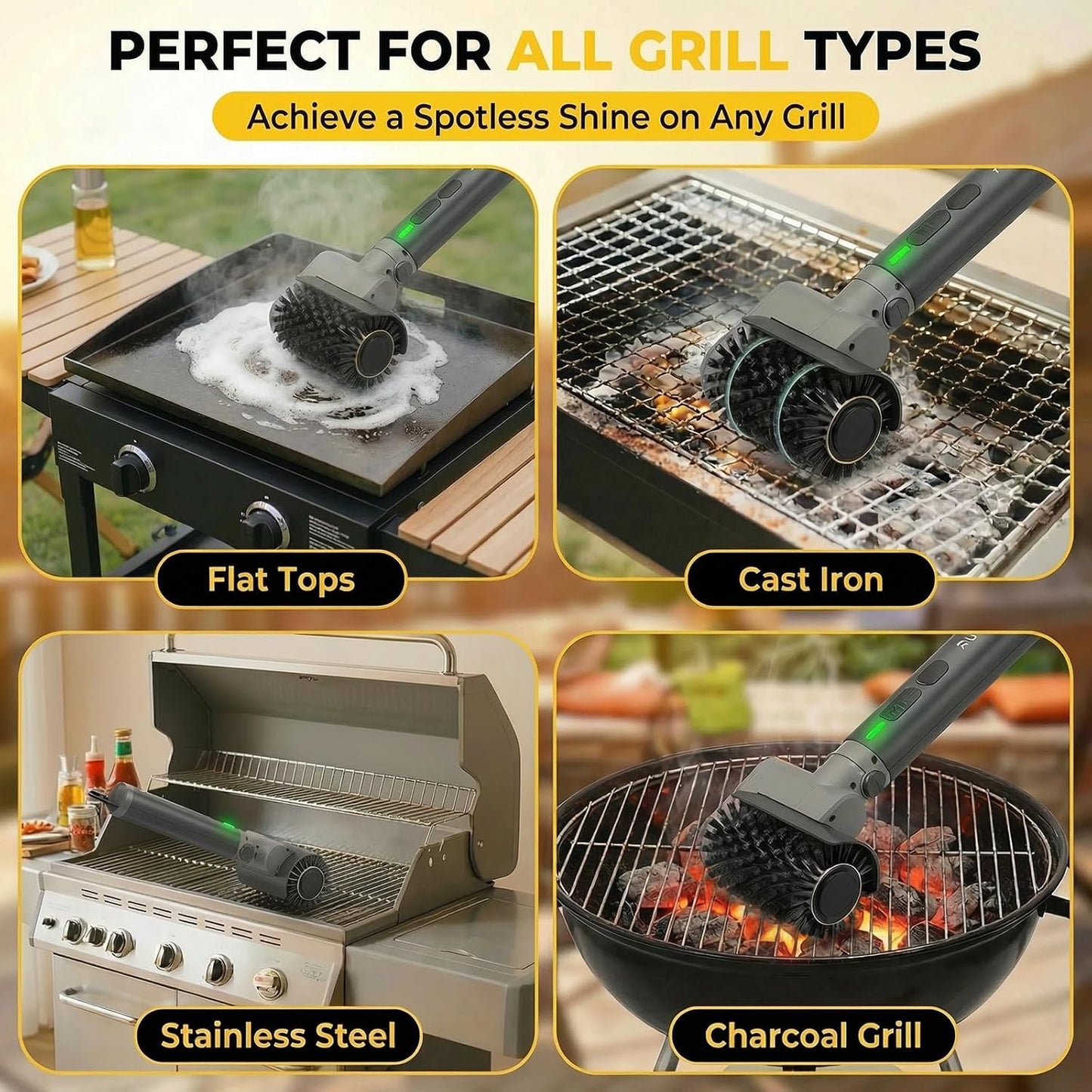 Electric Grill Brush, Cordless Grill Cleaner, Rechargeable Cleaning Brush | 58W High Torque, 5200mAh Battery, 150Mins Runtime, Anti-Shedding Brush, 3 Speeds, IPX7 Waterproof, Angle Adjust, Outdoor BBQ