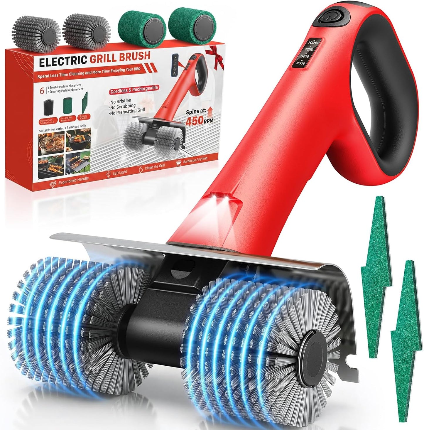 Electric Grill Brush for Outdoor Grill, Cordless BBQ Grill Cleaner with Dual Rotating Heads, 450 RPM Motorized Grill Cleaning Brush with Forward & Reverse, 6-Piece Replaceable Brush Set