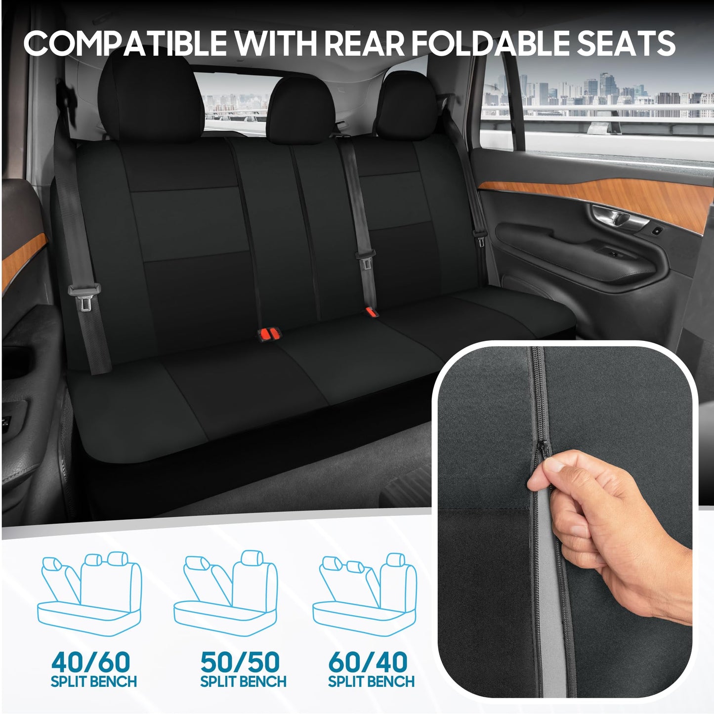 BDK PolyPro Car Seat Covers Full Set in Charcoal on Black – Front and Rear Split Bench for Cars, Easy to Install Cover Set, Accessories Auto Trucks Van SUV