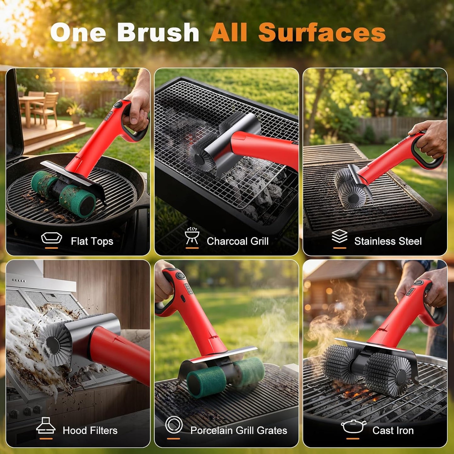 Electric Grill Brush for Outdoor Grill, Cordless BBQ Grill Cleaner with Dual Rotating Heads, 450 RPM Motorized Grill Cleaning Brush with Forward & Reverse, 6-Piece Replaceable Brush Set