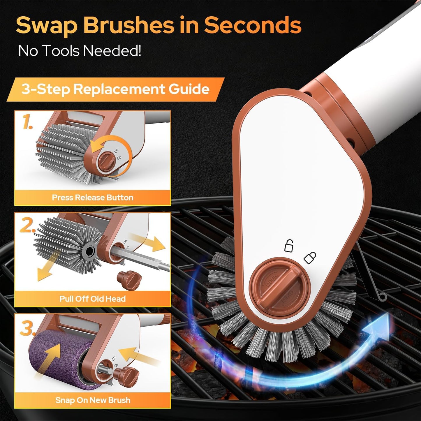 𝑵𝒆𝒘𝒆𝒔𝒕-𝑮𝒆𝒏 Electric Grill Brush, BBQ Grill Cleaner with Digital Display, Variable Speed Cordless Rotary Grill Brush, Replaceable Heads Grill Cleaning Brush for Barbecue Grates