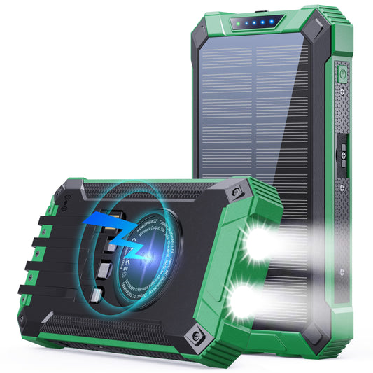 GOODaaa Power Bank Wireless Charger 36000mAh Built in 4 Cables Six Outputs 15W Fast Charging Power Bank for All Mobile Devices Three Inputs Solar Portable Charger with Dual Flashlights, Carabiner