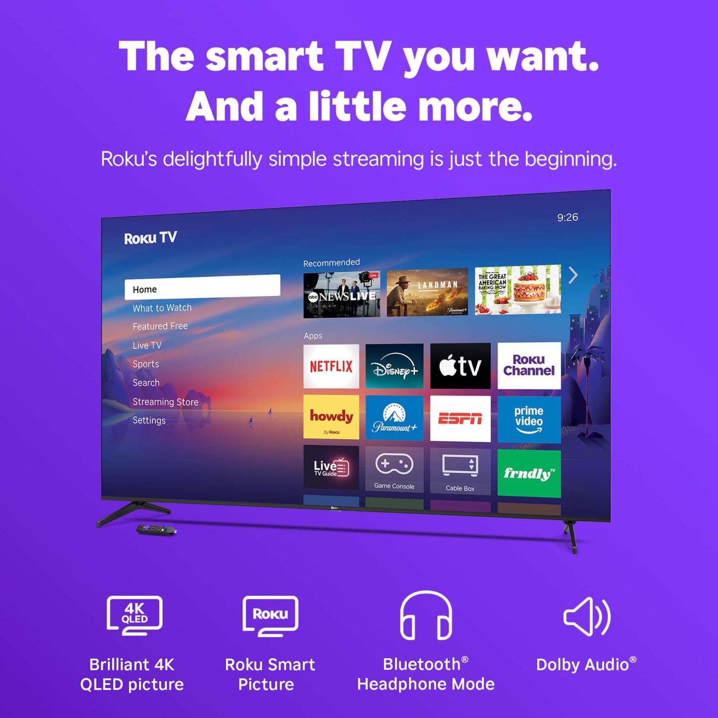 Roku Smart TV 2026 – 55-Inch Select Series, 4K QLED TV – Roku TV with Voice Remote – Flat Screen QLED Television with Wi-Fi for Streaming Live Local News, Sports, & Movies – Bluetooth Headphone Mode
