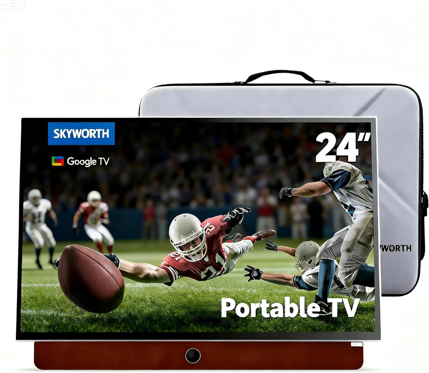 Skyworth 24-Inch Portable Smart TV with Protective Case, Battery Powered Outdoor TV, 1080P FHD, Google TV, HDR10, Dolby Audio, Chromecast, Ideal for Soccer, Sports, Football Game Day Bundle