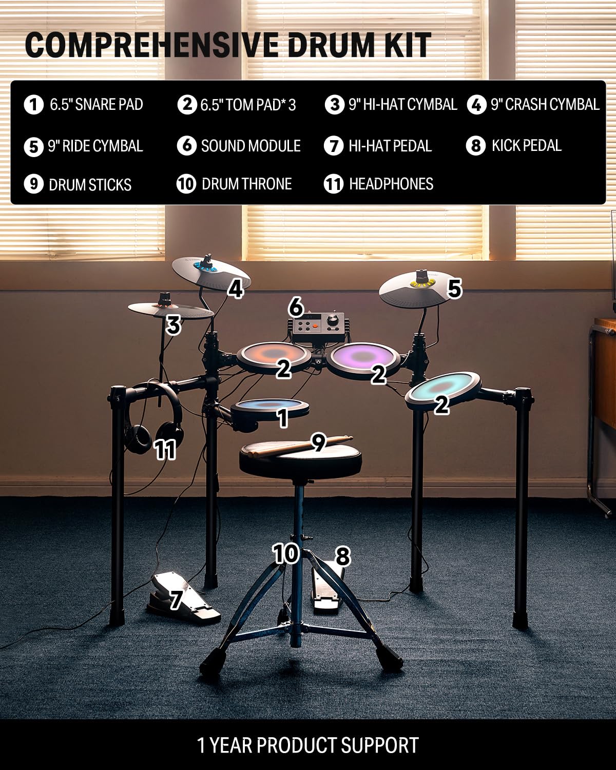 Donner Electric Drum Set, DED-70 Electronic Drum Kit for Beginner with 150 Sounds, 4 Quiet Mesh Pads, 9" Cymbals, USB MIDI, Type-C Charging, 2 Pedal, Throne, Headphones, Sticks, Melodics Lessons