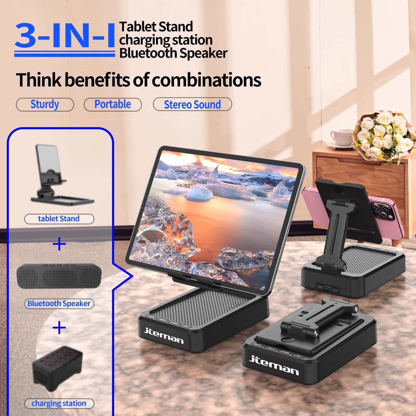 Cell Phone Stand with Wireless Bluetooth Speaker and Anti-Slip Base HD Surround Sound Perfect for Home and Outdoors with Bluetooth Speaker for Desk Compatible with iPhone/ipad/Samsung Galaxy