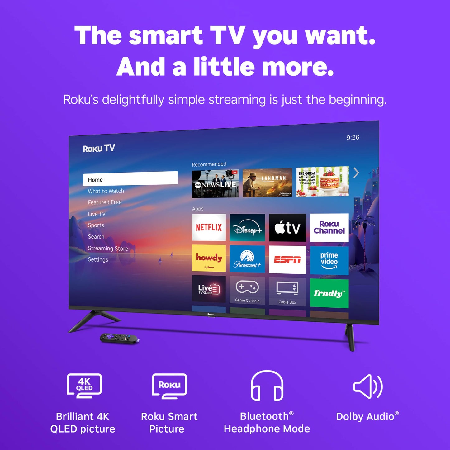 Roku Smart TV 2026 – 55-Inch Select Series, 4K QLED TV – Roku TV with Voice Remote – Flat Screen QLED Television with Wi-Fi for Streaming Live Local News, Sports, & Movies – Bluetooth Headphone Mode