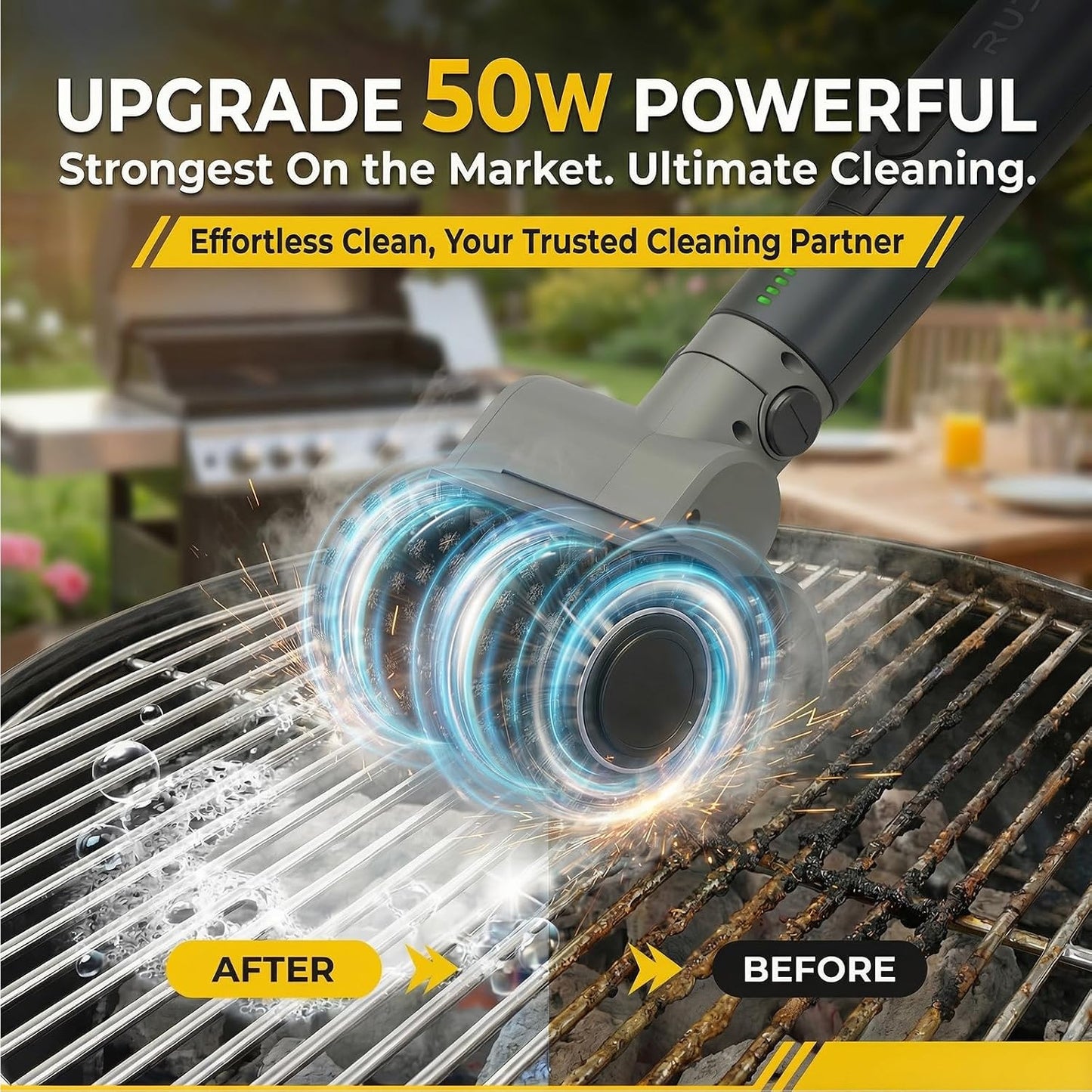 Electric Grill Brush, Cordless Grill Cleaner, Rechargeable Cleaning Brush | 58W High Torque, 5200mAh Battery, 150Mins Runtime, Anti-Shedding Brush, 3 Speeds, IPX7 Waterproof, Angle Adjust, Outdoor BBQ