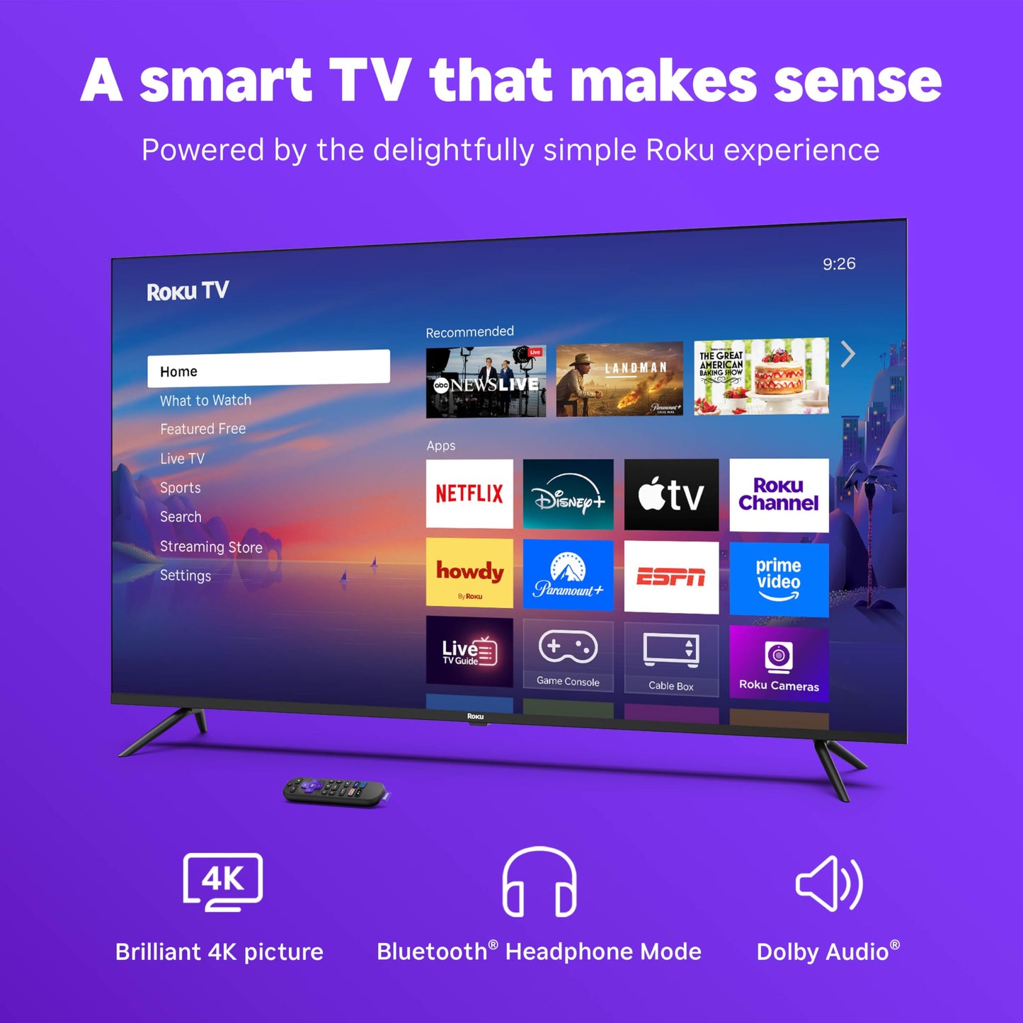 Roku Smart TV 2026 – 55-Inch Select Series, 4K QLED TV – Roku TV with Voice Remote – Flat Screen QLED Television with Wi-Fi for Streaming Live Local News, Sports, & Movies – Bluetooth Headphone Mode