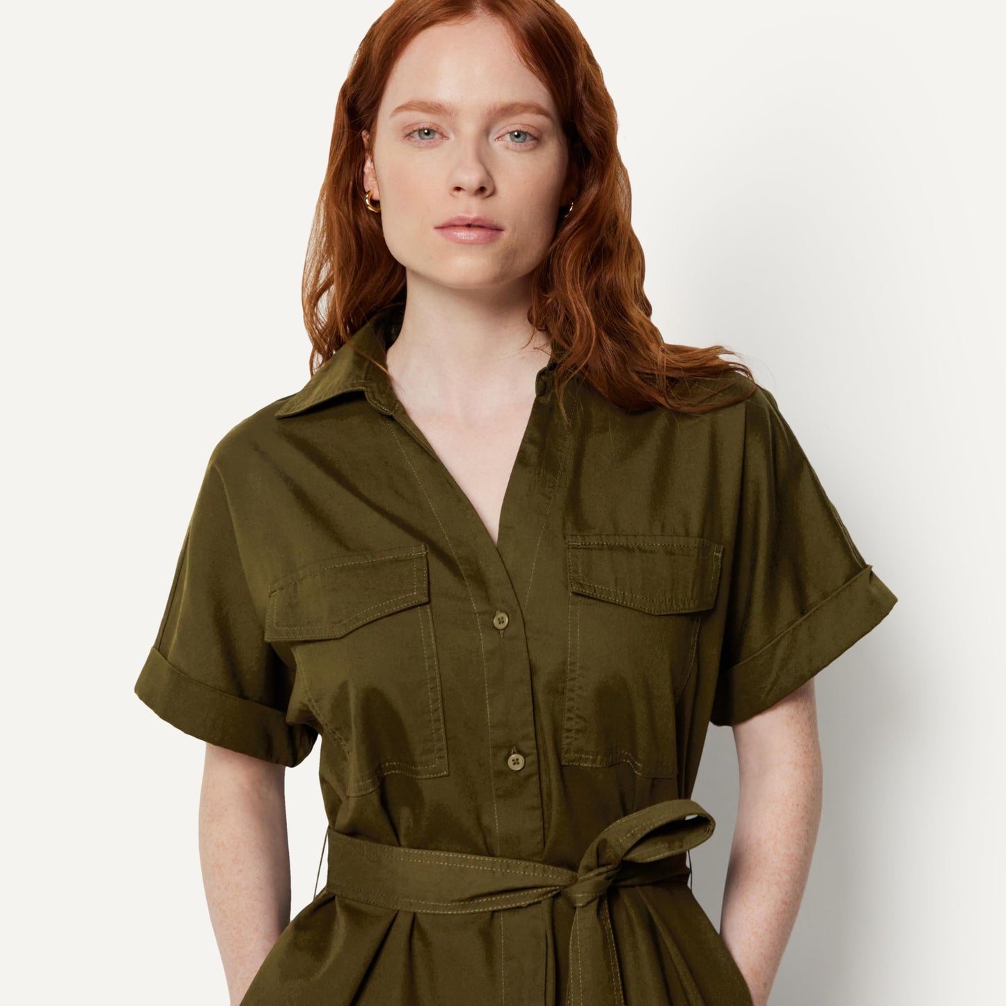 Amazon Essentials Women's Relaxed-Fit Short Sleeve Button-Down Dress with Belt