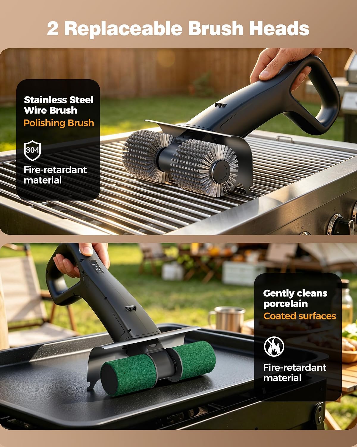 Electric Grill Brush Rechargeable, Dual Brush Heads Design Cordless Electric BBQ Grill Cleaner with Replaceable Head, No Bristles Grill Brush Outdoor Grill for Burnt-On Grease & Grill Grates